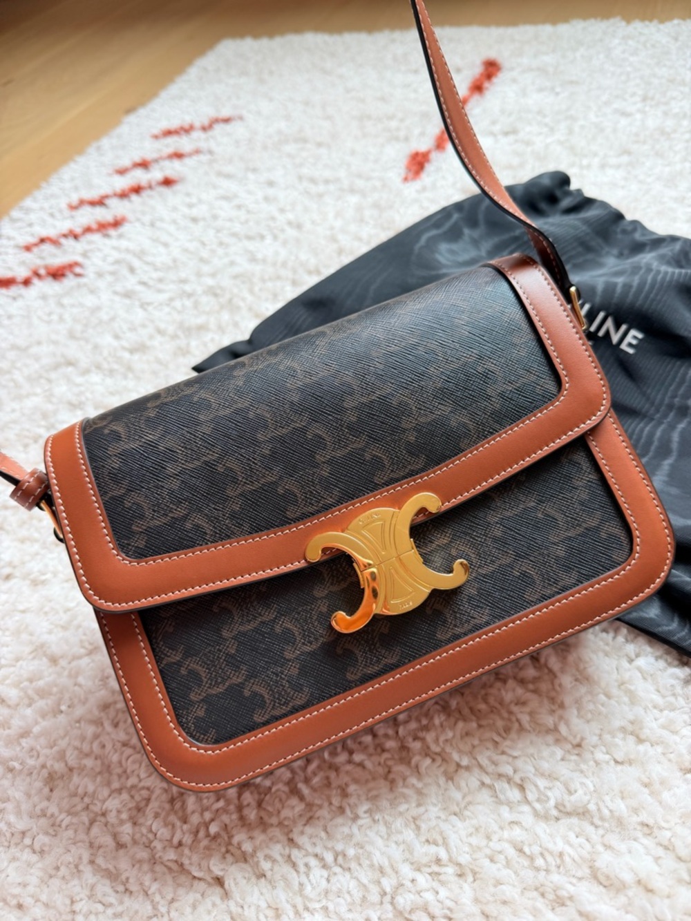 Celine Brown Triomphe Canvas Shoulder Bag with Tan Leather Trim